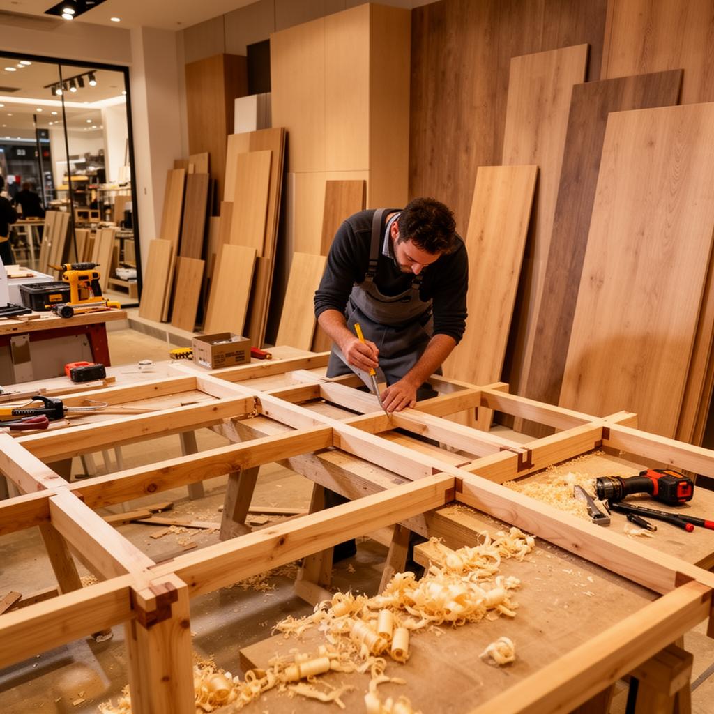 Carpenter working on timber framing and shopfitting
