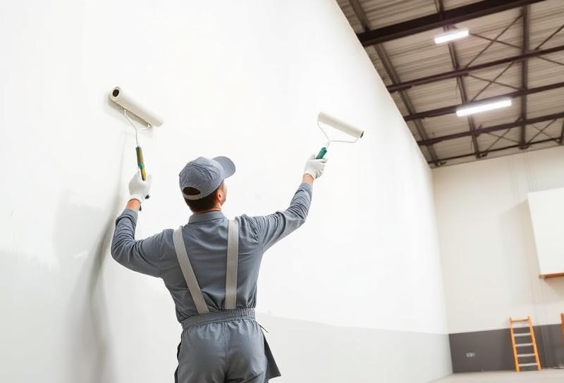 Painter applying coating in a commercial interior